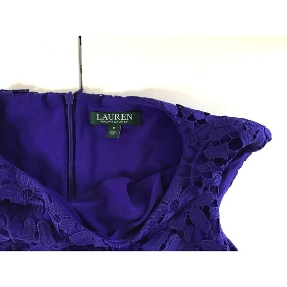LAUREN RALPH LAUREN- WOMENS PURPLE/BLUE MIDI LACE BATEAU-NECK DRESS SIZE 6 - Picture 4 of 9